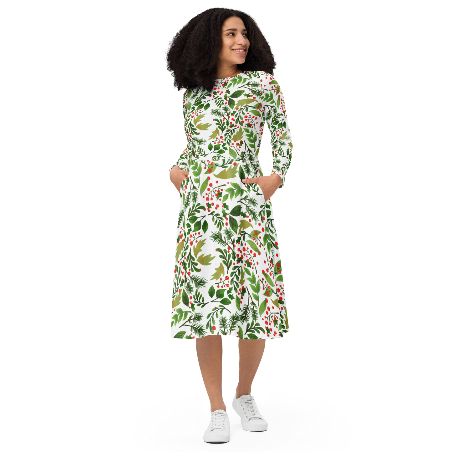 All-over print long sleeve midi dress